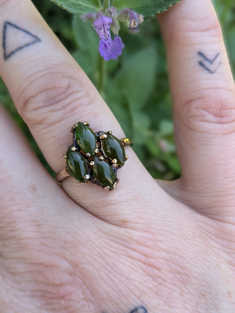 Olive Jade Marquise Cluster Ring - Vintage 70s Jewelry